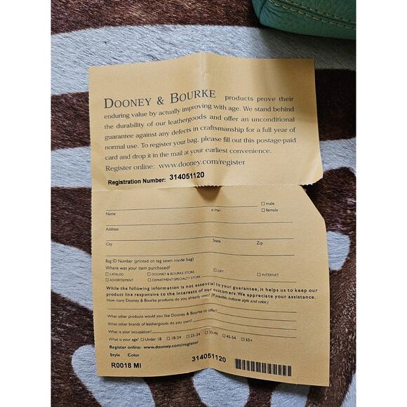 Excellent! Dooney & Bourke Pale Blue Pebble Grain Katie Crossbody Warranty Card - Picture 8 of 8